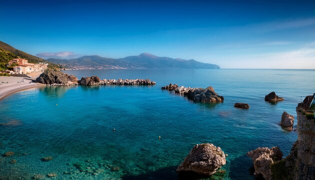 rocky piers defining the beach of pizzo calabro creating calm waters in the tyrrhenian sea with mountains in the background