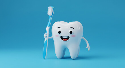 Cartoon tooth character holding a toothbrush against a solid blue background in a studio shot