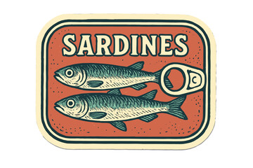 Vintage sardines tin label featuring two fish with a pull-tab design on a rustic background