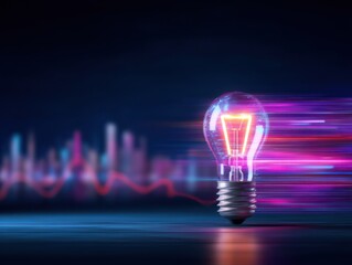 A glowing light bulb with neon filament streaks rightward, symbolizing innovation and fast-moving ideas against a dark background with colorful light trails.