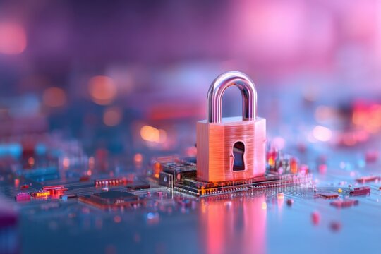 A metallic padlock sits atop a glowing circuit board, symbolizing cybersecurity and data protection in a digital environment.