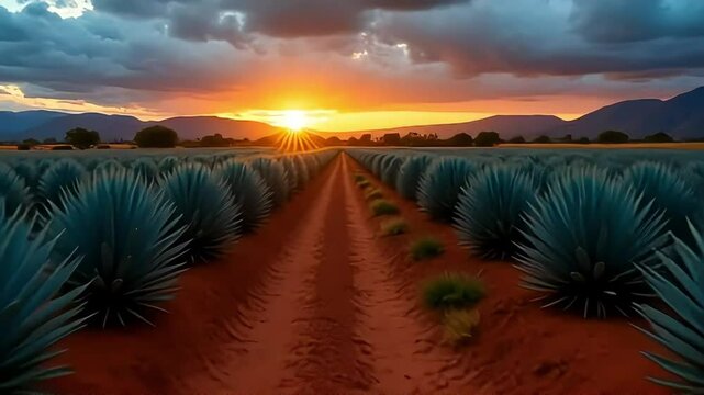 Golden hour bathes an agave field in warm light, creating a stunning rural sunset landscape and idyllic scenery.