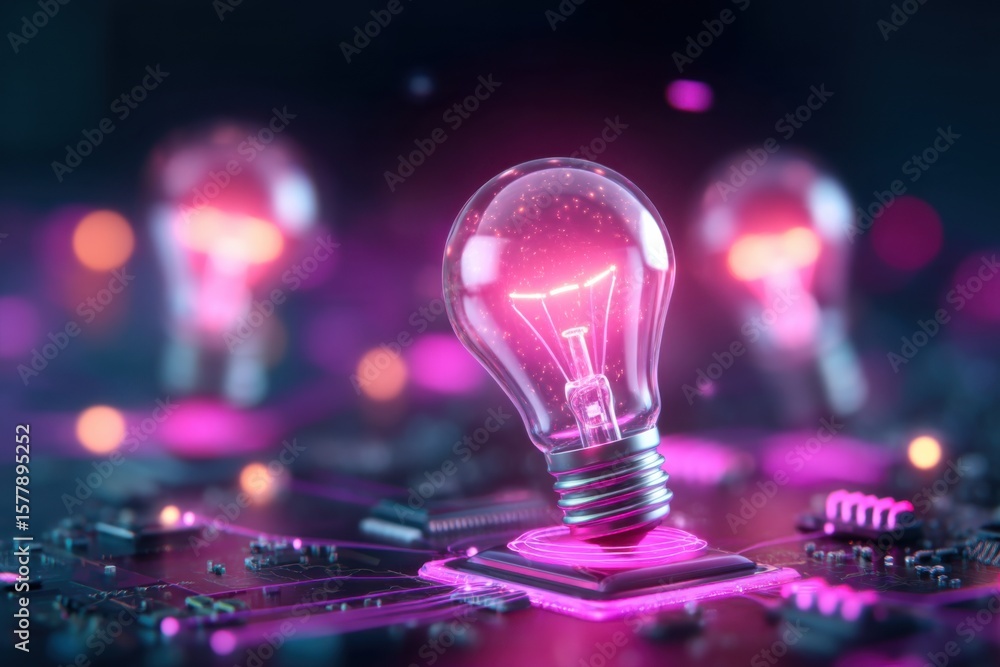Poster a glowing light bulb symbolizing innovation sits on a computer chip amid a futuristic digital circui