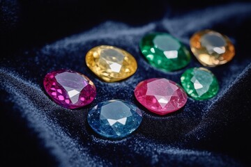 Close-up view showcases rare gemstones such as sapphire, emerald, and ruby resting elegantly on a rich dark velvet surface, emphasizing their vibrant colors and intricate facets