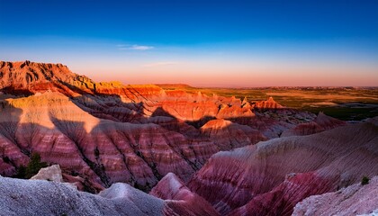 transformation of badlands at daybreak where its breathtaking canyons vivid colors and timeless allure converge to create an unparalleled natural wonder