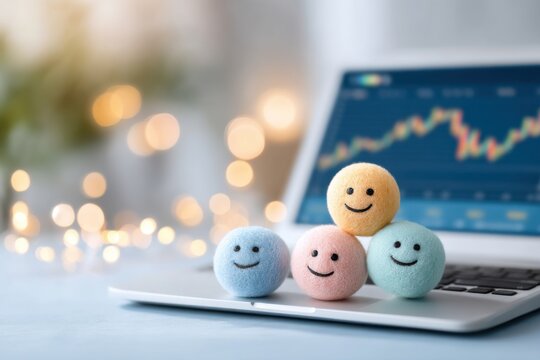 Four colorful smiley face balls rest on a laptop keyboard with a financial graph on the screen and blurred lights in the background.