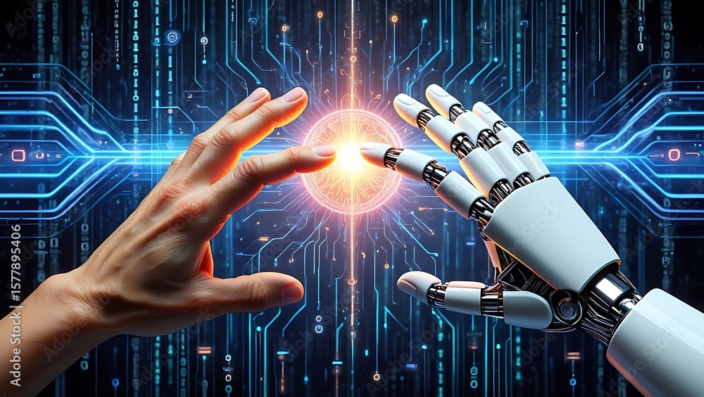 Aufkleber human and robot hand touching a glowing orb in a futuristic techscape, digital connection between ma