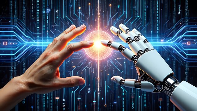 Human and Robot Hand Touching a Glowing Orb in a Futuristic Techscape, Digital Connection Between Man and Machine Concept