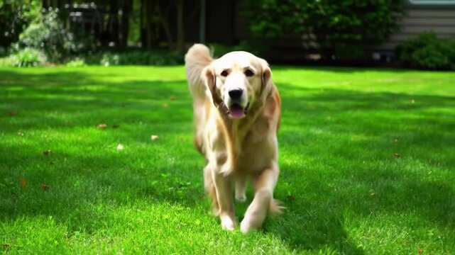 Golden retriever walking on green grass lawn in a sunny outdoor setting with trees in backgroun