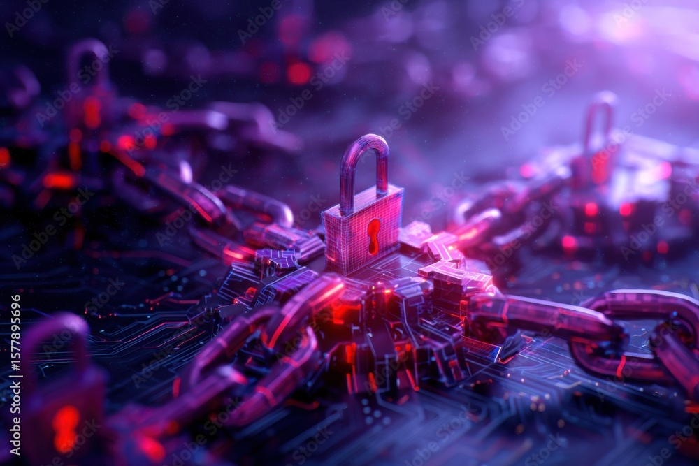 Poster a glowing padlock secures interconnected metallic chains over a circuit board, symbolizing cybersecu