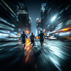 running crew, running through the streets of NYC at night time, motion blur, shutter drag effect
