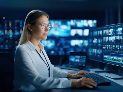 A professional woman in glasses monitors multiple security camera feeds on screens in a high-tech control room.