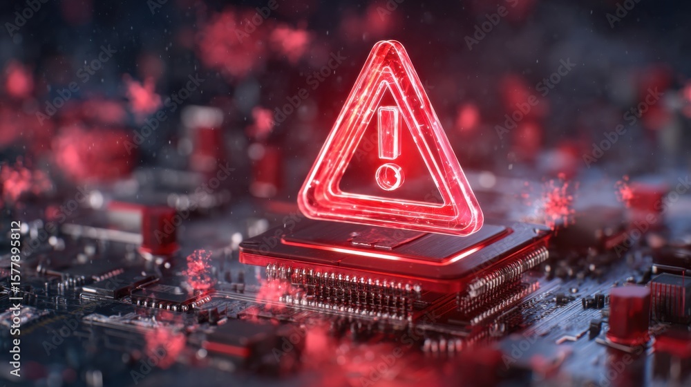 Poster a glowing red warning symbol hovers above a microchip on a circuit board, highlighting a critical al