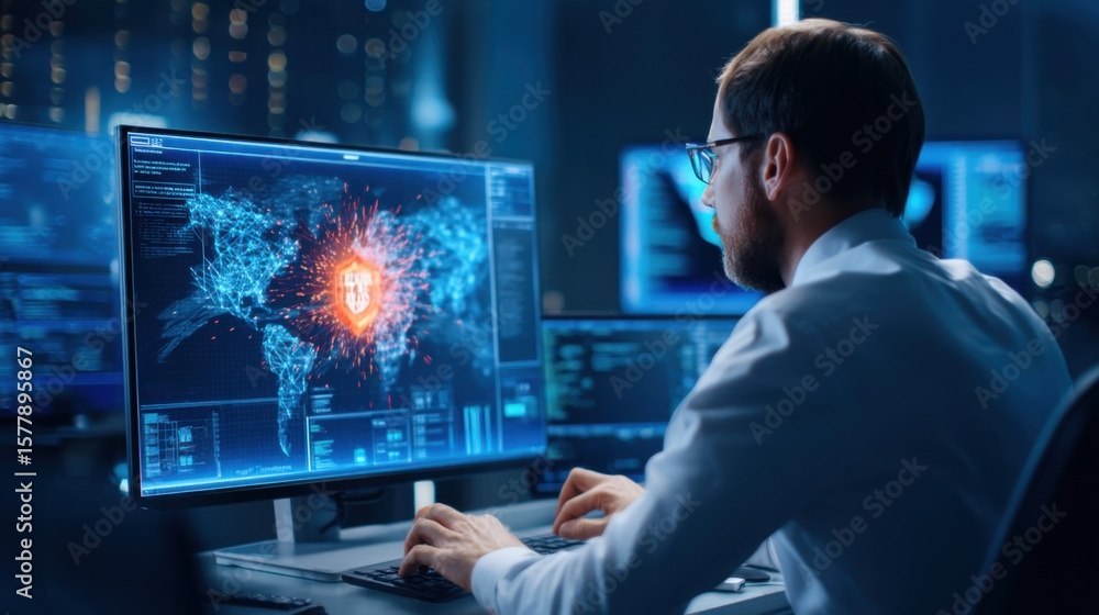 Poster a cybersecurity expert monitors a global cyberattack on a digital world map, working intensely in a 