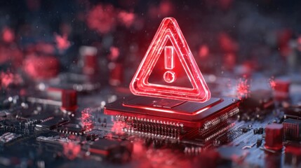 A glowing red warning symbol hovers above a microchip on a circuit board, highlighting a critical alert or error in a digital system.