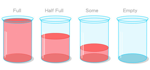 Printable full, half full, empty, some, nearly red liquid in glass cup. Very few stages, steps set. Glossy, transparent with caps. wine, chemistry, syrup flasks collection. Vector illustration 