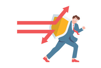 Businessman blocking arrows attack with shield protection isolated on transparent background