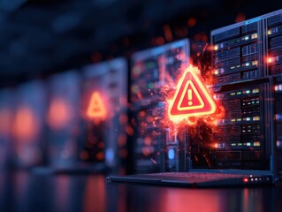 A glowing red warning symbol appears on a server rack, indicating a critical alert or error in the data center environment.