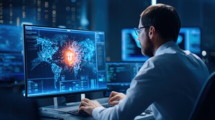 A cybersecurity expert monitors a global cyberattack on a digital world map, working intensely in a modern high-tech control room.