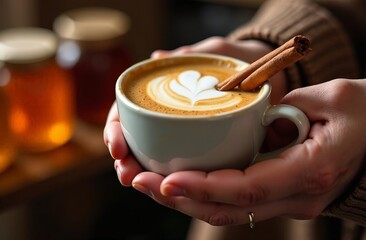 Close-up of woman's hands holding a cup of coffee with a cinnamon stick. On a blurred background there are jars of honey illuminated by the window. Horizontal concept of home comfort.
