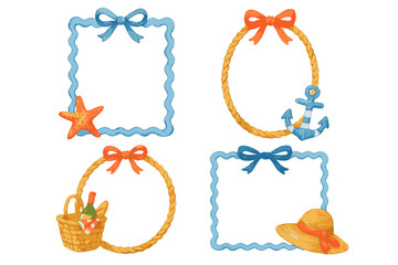 Decorative frames with nautical and beach themes featuring starfish, an anchor, and a picnic basket