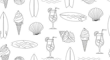 Summer themed seamless pattern with ice cream cocktail surfboard and seashells.
