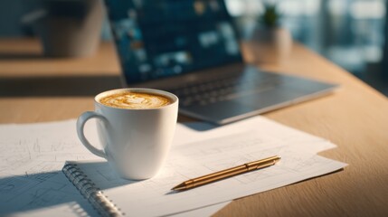 A cup of coffee with latte art sits on a wooden desk beside a pen, notebook, and a blurred laptop in a cozy workspace.