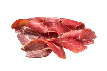 Sliced prsut prshut, Balkan cured pork meat ham isolated on white background. top view