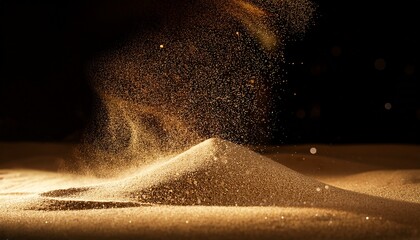 golden dust swirls above shimmering sand creating a magical glow against a dark background