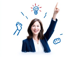 A confident woman in business attire points upward, surrounded by illustrated symbols of ideas and success on a white background.