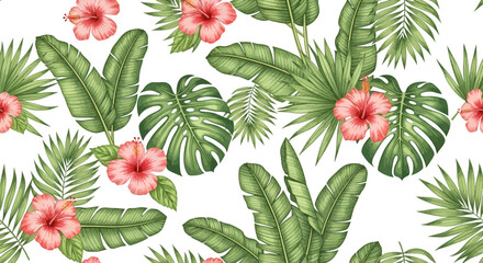 Tropical pattern with hibiscus flowers banana leaves and monstera foliage.
