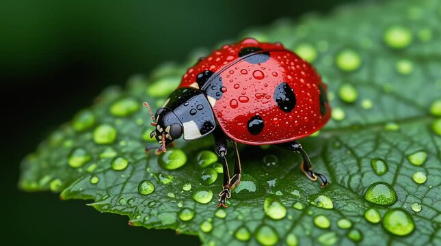 Close-up of a vibrant red ladybug with black spots resting on a green leaf covered in droplets, showcasing the beauty of nature and intricate details of the insect