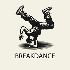 Black and white flat vector illustration of a breakdancer performing a dynamic trick. Urban street dance silhouette design full of energy and motion.