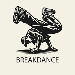 Black and white flat vector illustration of a breakdancer performing a dynamic trick. Urban street dance silhouette design full of energy and motion.