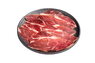 Thin slices of Speck, Jambon Italian cured meat isolated on white background. top view