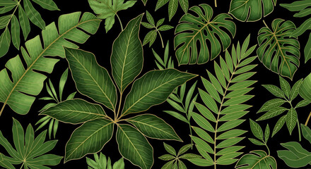 Tropical Foliage Pattern Lush Green Leaves with Golden Outlines on Black.
