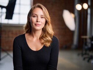 A confident young woman with wavy blonde hair and a black top poses in a modern studio with professional lighting and a brick wall background.
