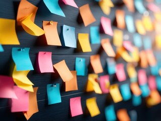 Colorful sticky notes pinned on a dark board, representing organization and brainstorming ideas.