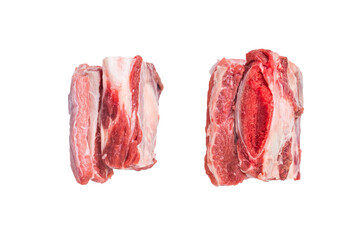 Thick Cut raw Beef Short Ribs, fresh meat with bone isolated on white background. top view