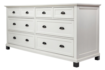 White dresser with black cup handles and black legs isolated on transparent background