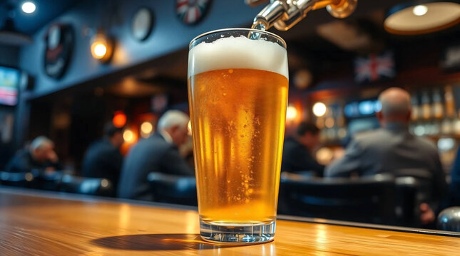 Cold beer pour in glass from crane in pub background