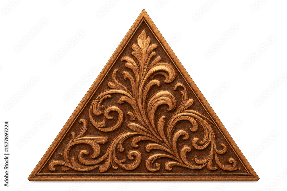 Poster wooden triangular decor featuring delicate floral patterns, floating against transparent backdrop fo