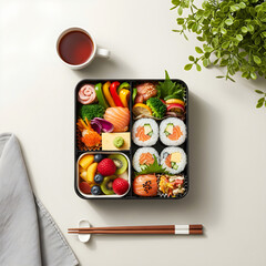 Healthy and colorful bento box meal, presented on a clean, light surface with accompanying items