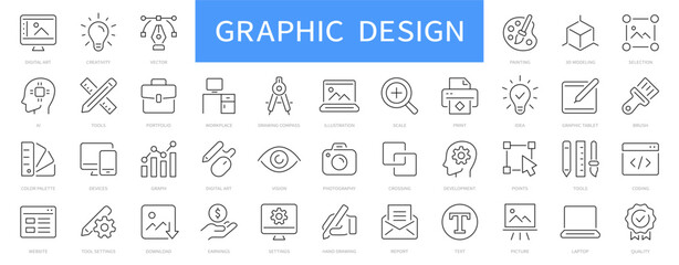 Graphic design thin line icons set. Digital art, portfolio, creativity, drawing, design, idea icon. Editable stroke. Vector