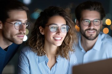 Three young professionals wearing glasses collaborate and smile while working late at night in an office with a blurred city background.