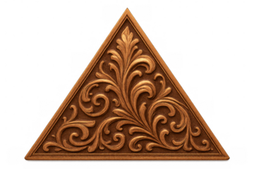 Wooden triangular decor featuring delicate floral patterns, floating against transparent backdrop for design and creative applications