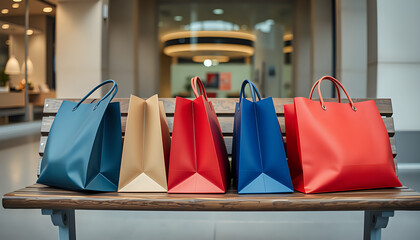 Stylish shopping bags arranged on a wooden bench with soft overhead light.