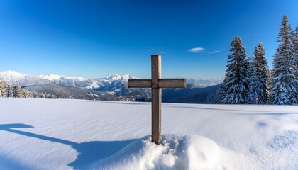 a wooden cross in the midst of a tranquil winter scene with the white snow and distant blue mountains creating a calm and serene atmosphere