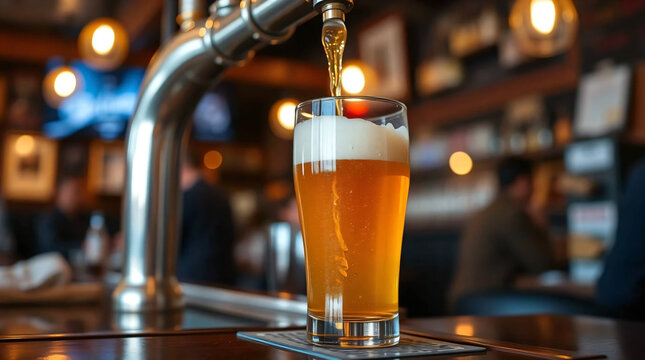 Cold beer pour in glass from crane in pub background - Powered by Adobe