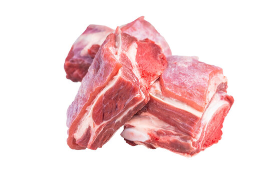 Thick Cut raw lamb Short Ribs, fresh mutton meat with bone isolated on white background. top view